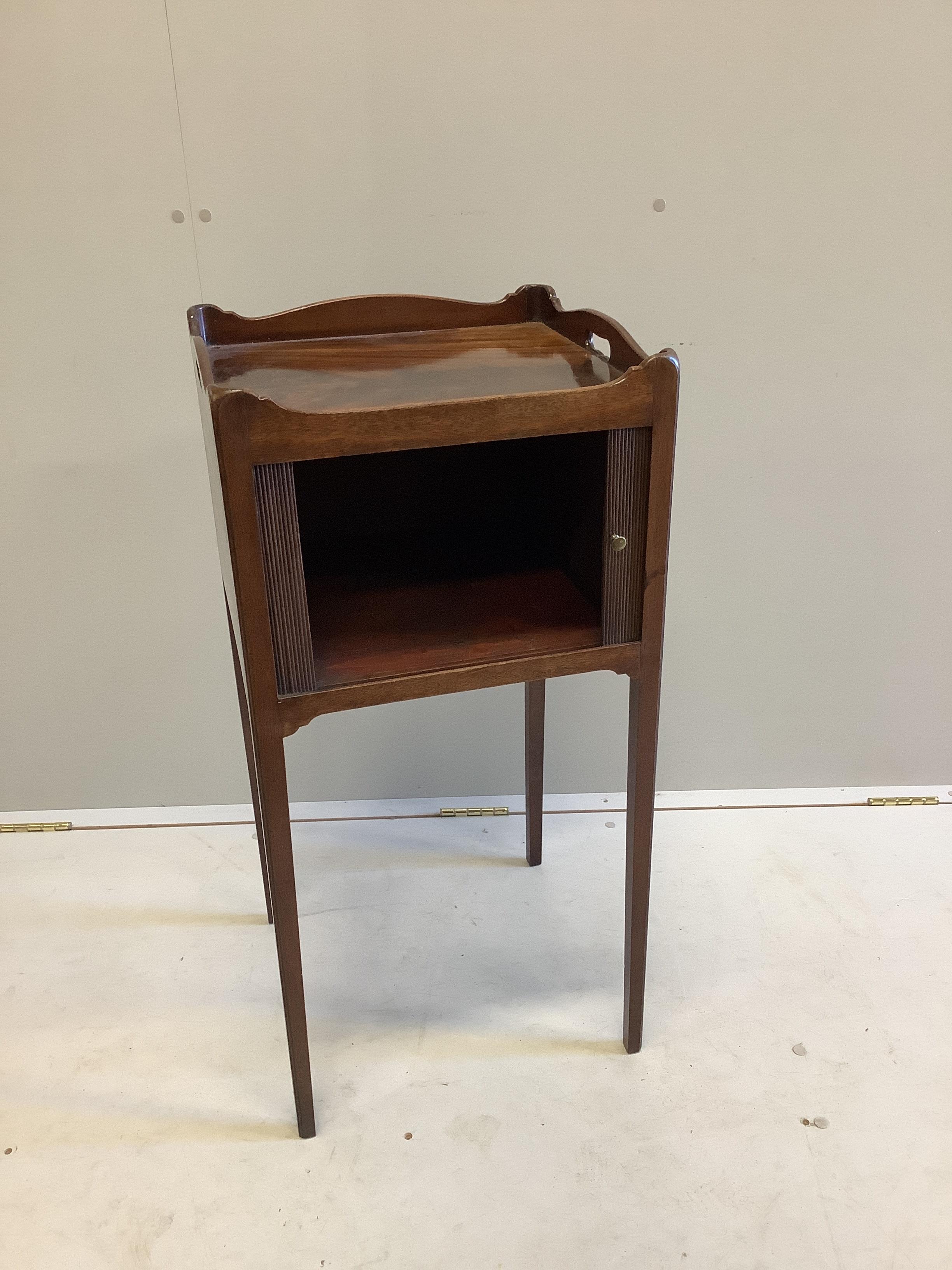 A George III mahogany tray top tambour bedside cupboard, width 40cm, depth 38cm, height 82cm